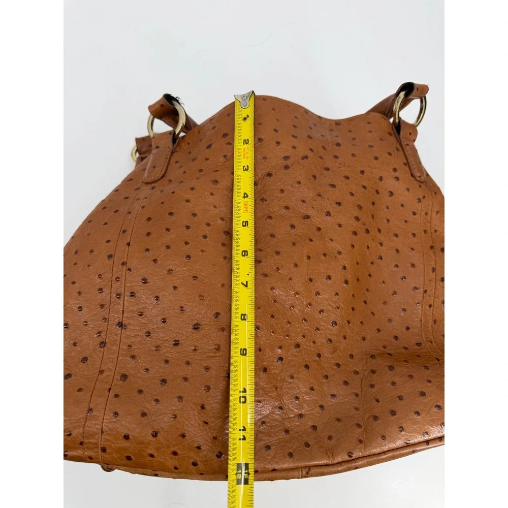 GILI Ostrich Embossed Leather Satchel Handbag Cognac Brown Gold Tone Hardware